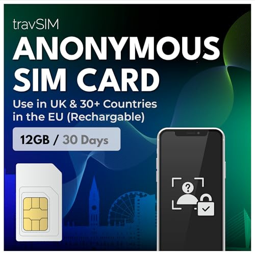 travSIM Anonymt SIM-kort | 12 GB mobildata med 4G/5G-hastigheter | Fri roaming i Storbritannien och 30+ EU-länder | Abonnemanget på det anonyma SIM-kortet är giltigt i 30 dagar | Uppladdningsbart
