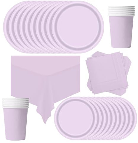 POPOYU 69 piezas de vajilla de fiesta de cumpleaños de color morado pálido, platos de papel de fiesta lila, mantel, vasos de papel y servilletas, juego de vajilla para boda, cumpleaños, baby shower