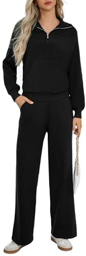 Totatuit Tuta Donna Completo 2 Pezzi Mezza Zip，Tuta da Ginnastica Due Pezzi Jogging Donna con Felpa a Maniche Lunghe,Pantaloni a Gamba Larga, Completo Sportiva Casual per Relax, Casa e Tempo Libero