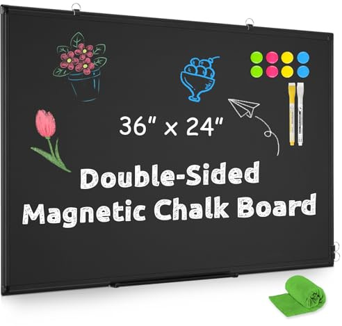 Magnetic Chalk Board, 36“x24” Black Chalkboard Double-Sided Dry Erase Board Magnetic Blackboard for Wall, Black Framed Small Chalk Board Home, School, Office, Kitchen