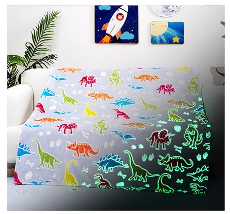 Liofeve Manta Luminosa Sofa para niños, Que Brilla en la Oscuridad, Manta luz Nocturna con Dinosaurio, Regalo de cumpleaños, Infantil Sofa 127 x 152 cm