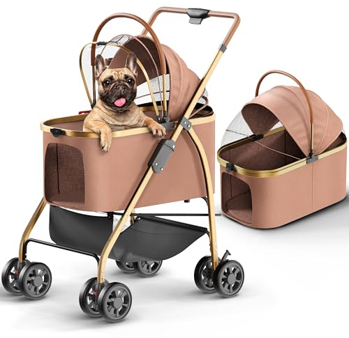 Pet Stroller for Small Medium Dogs & Cats – 2-in-1 Detachable Carrier, Zipperless Entry, Lightweight Folding Travel Stroller with Storage Basket, Cup Holder, Brown