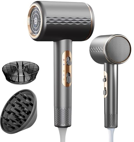 Asciugacapelli Ionico Professionale 2400W Motore AC Pieghevole, 2 Temperature 2 Velocità, Pulsante Aria Fredda/Calda, Diffusore Incluso per Casa, Viaggio, Parrucchieri, Capelli Ricci (Grigio)