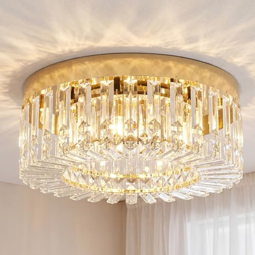 HOMCOM Crystal Chandeliers Ceiling Light with 225 Crystal Pendants, Modern 8-Light Flush Mount Ceiling Light for Living Room, Bedroom, Dining Room, Hall, Gold Tone
