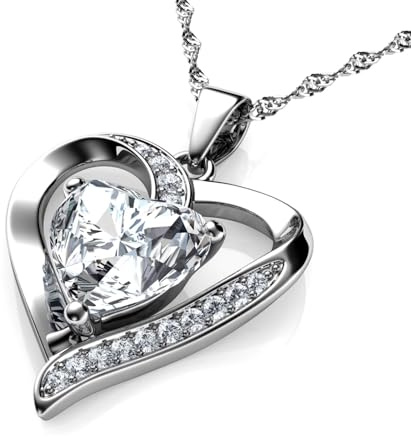 DEPHINI Crystal Heart Necklace – 925 Sterling Silver, Cubic Zirconia Pendant, Rhodium Plated Jewellery for Women (White 2)