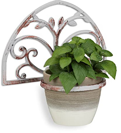 Relaxdays Wall Flower Rack, Cast Iron, Antique Shabby Look, Plant Pot Holder, Decorative, for Outside, Ø 14.5 cm, White, 1 Piece