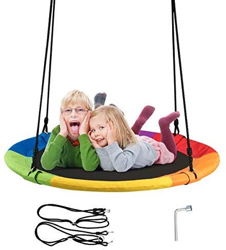 COSTWAY Nest Swing, Hanging Tree Swing Seat with Length Adjustable Ropes, Soft Seating, Kids Swing Set for Indoor Garden Playground, 150kg Capacity (Rainbow)