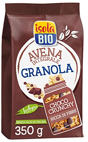 Isola Bio Granola Crunchy al Cioccolato con Riso Soffiato e Crusca, Ricca di Fibre, 100% Ingredienti Naturali, per Vegani e Vegetariani, Formato 350gr
