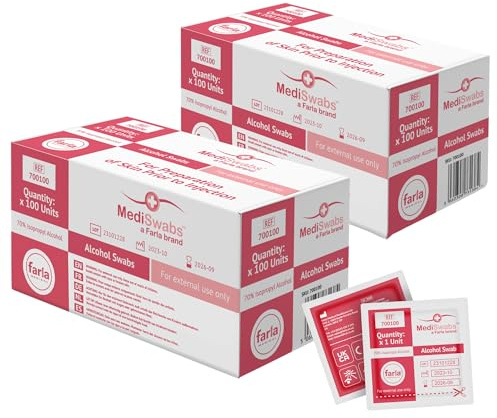 Farla Medical MediSwabs Pre Injection Alcohol Wipes (2 x 100-Pack), 70% Isopropyl Alcohol Sachets, Individually Wrapped Disposable Wound Cleaning Wipes, First Aid / Medical Use