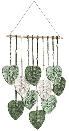 Macrame vägghängande boho-dekoration träpärlor och gröna blad tapeter, vägghängande väggdekoration, fjäder, chic, vävd konst för sovrum, vardagsrum, dekoration, (armégrön)