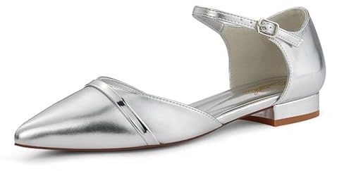 GENSHUO Zapatos Planos para Mujer - Zapatos de Vestir Casual con Punta Afilada y Tacón Bajo, Plateado, 41 EU