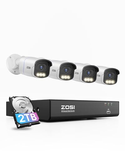 ZOSI 5MP Kit Cámaras de Vigilancia PoE Exterior, 8CH 4K Grabador NVR Sistema con (4) Cámara Seguridad IP Interior, Visión Nocturna Color, Detección y Alarma de Persona/Vehículo, 2TB HDD Incluido