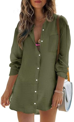 Cicy Bell Chemisier à manches longues pour femme - En mousseline de coton - Décontracté - Boutonné - Robe ample - Tunique - Robe de plage - Bikini Cover Up