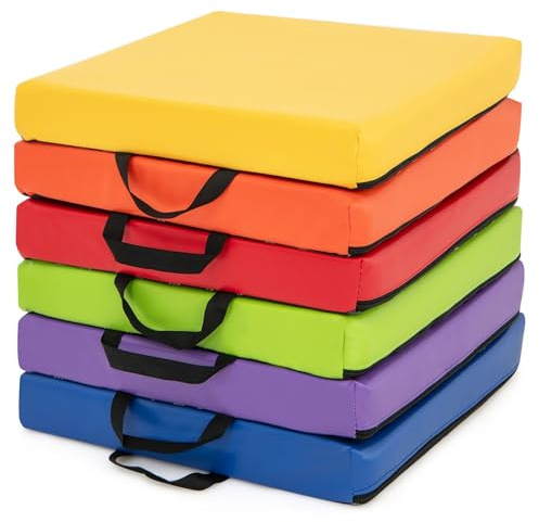 KOTEK 6 Pcs 16'' Floor Cushions for Kids, Classroom Flexible Seating with Handles, Waterproof PU Cover with Non-Slip Base, 2.5” Thick Floor Pillows for Daycare Preschool Home (Colorful, Square)