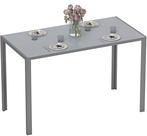 HOMCOM Mesa de Comedor de Cristal, Mesa Rectangular para 4-6 Personas con Patas de Metal, para Cocina, Salón, 120x60x75 cm, Gris