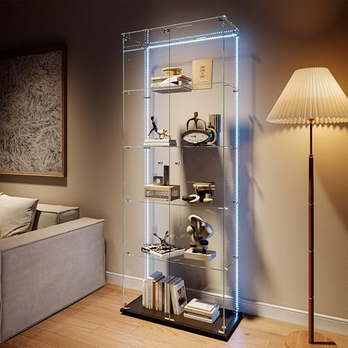 Yeutre Vitrine en Verre avec LED pour Collection, Moderne Armoire Vitrée Collection Noir avec 5 Étagères et 2 Portes à Serrure,Verre Trempé Vitrine Transparent pour Salon, Chambreet Salle à Manger