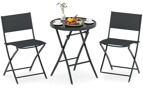 KOMFOTTEU Set da bistrot da 3 pezzi, pieghevole, set da giardino in tessuto tessile con telaio in metallo, set da tavolo in vetro temperato e 2 sedie, set da pranzo per balcone, terreza
