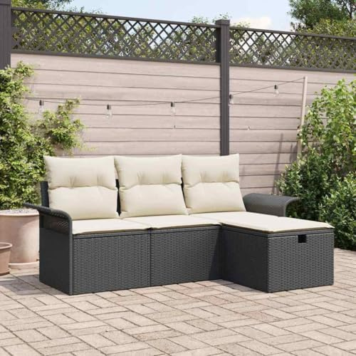 Solivagant Ensemble de canapé de Jardin 4 pcs Noir et crème Poly rotin,(30.4 KG)