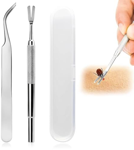 AEUXZA Set Rimozione Zecche 2 Pezzi: Forcella in Acciaio Inox e Pinzetta Angolata – Strumento Professionale per Rimuovere Zecche da Persone, Cani, Gatti e Altri Animali Domestici