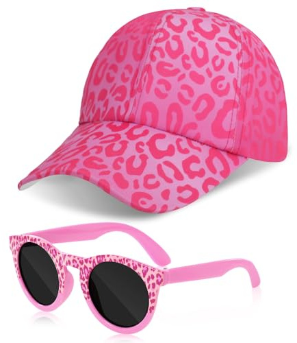Cappellino da Baseball e Occhiali da Sole per Bambina, Cappello Baseball a Motivo Leopardo Occhiali da Sole Bambino Protezione UV Regolabile Berretto Estivo con Visiera Cappello Trucker per Bambine