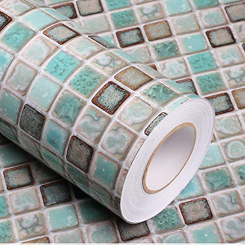 Abyssaly Mosaic Adhesive Wallpaper Thick Self-Adhesive Removable Peel and Stick Wallpaper for Bathroom Kitchen Teal Green Countertop Wall Paper Mosaic Paper 15.7 x 78.7