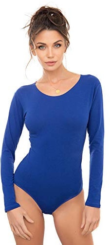Evoni Body de manga larga para mujer, body opaco con cuello redondo para mujer, body de manga larga en diferentes colores, body shaper de algodón, mono, azul real, S