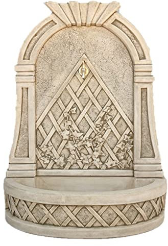 Fontaine murale modèle automne 74 x 41 x 101 cm. Béton pierre avec robinet. Fontaine décorative pour extérieur. Poids : 94 kg. Couleur : vert