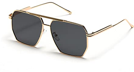 YUELUQU Retro übergroße quadratische Sonnenbrille für Damen Herren Vintage Shades UV400 Klassischer großer Metallrahmen (Gold/grau)