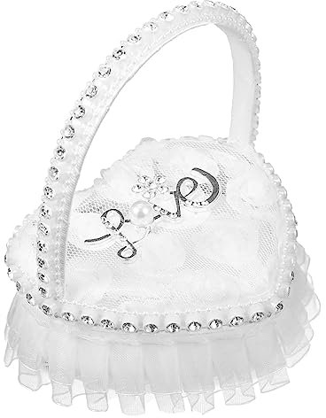 FOMIYES Cuscino per Fedi Nuziali in Pizzo Bianco Scatola per Anelli a Forma di Cuore con Manico Cuscino per Fedi in Raso di Perle Portafedi per Proposta di Matrimonio Anniversario