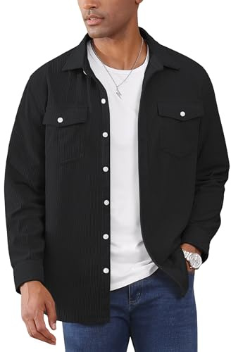 EKLENTSON Chemise-Veste Travail Homme Velours Côtelé Manches Longues Décontractée Boutonnage Complet à Poche Poitrine Noir, XL