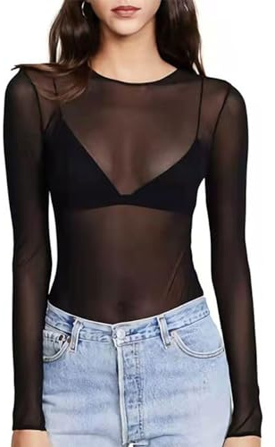EMOTTOS Top Sexy da Donna in Pizzo, Manica Lunga Slim Fit in Tulle Mesh See-Through, Camicie a Girocollo See Through da Donna, Body Clubwear Sexy Femminile(B2-Black)
