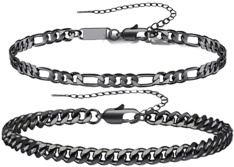 RANKEEF Armband Herren Schwarz Kettenarmband für Männer Kubanisches Gliederarmband für Männer Figaro-Armbänder Armkette Herren Schwarz Herrenschmuck Vatertagsgeschenke