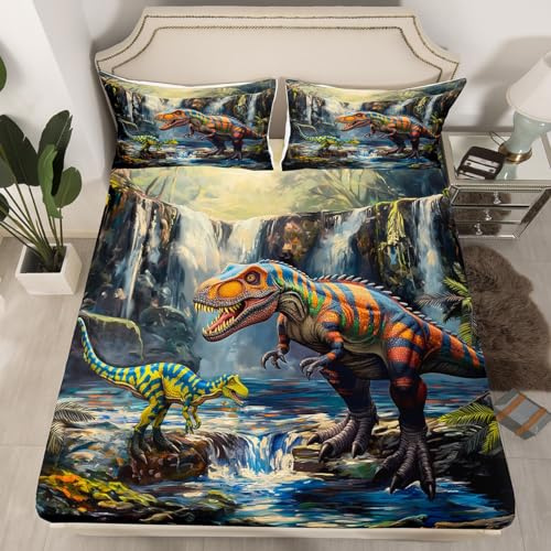 Watercolor Dinosour Kids Fitted Sheet Full Size,Jungle Pine Trees Mountain River Bedding Set,Boys Girls Room Decor,3D Dino Ancient Animals Bed Cover,Green Blue Bed Sheet,2 Pillowcases