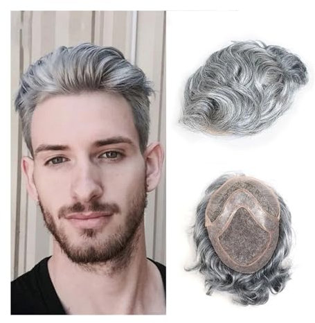 ZENY896V Herren Haarteil Echthaar-Ersatzsystem, Toupet for Männer, feine Mono-Welle, männliche Perücken, Herrenprothese, 8 x 10 graue Haarteileinheiten Toupet für Männer(1B80#)