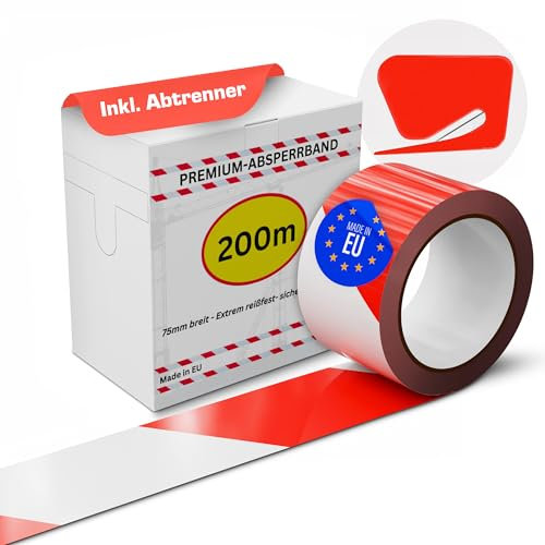 THOMCE Stabiles Absperrband Set 200m x 75mm inkl. praktischer Abrollbox & Abschneider Robustes Flatterband Rot-Weiß für Abgrenzung im Sicherheitsbereich, Signalband hergestellt in der EU