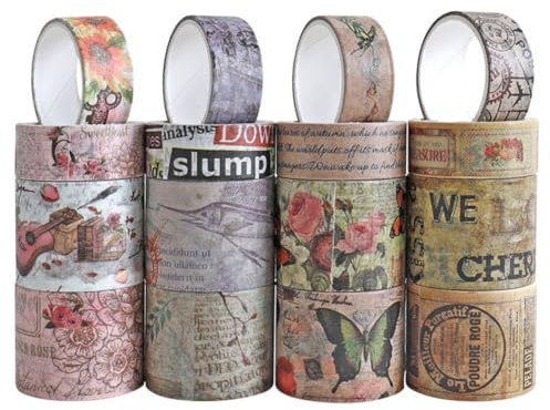 iSpchen Juego de 16 rollos de cinta adhesiva para periódicos Washi Tapes de colores, cinta adhesiva decorativa, cinta adhesiva de colores, cinta adhesiva de colores, estilo retro de periódico, para