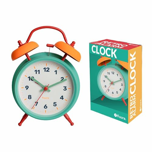 Fisura – Reloj despertador analógico multicolor sin tic-tac. Reloj despertador con luz de Led nocturna. Esfera 9 centímetros.11,7x5,5x16. Metal.