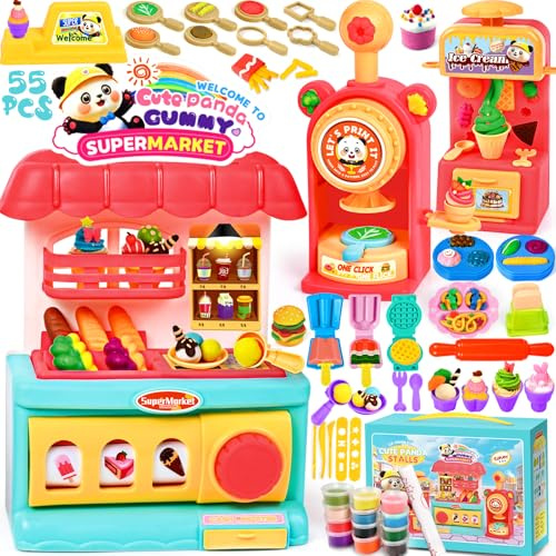 SaiXuan Coffret Pâte à Modeler 55 Pcs avec 12 Pots, Kit Pate à Modeler Enfant 2 Ans, Machine à Glace DIY et Moules Alimentaires, pour Créer Hamburgers, Jouet Créatif Supermarché Cadeau Enfant