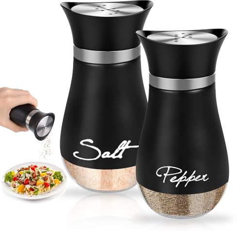 Set Porta Sale e Pepe, Saliera e Pepe con Fondo in Vetro e Coperchio in Acciaio Inox, Dispenser per Spezie, Saliera in Vetro e Inox Spargispezie, per Casa, Cucina, Tavolo da Pranzo, 2 Pezzi, Nero