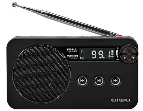 AIWA RS-77PLL/BK – Radio Digital FM-PLL con RDS, Receptor Portátil Recargable, USB/Micro-SD, Pantalla LED, Alarma y Función Sleep – Color: Negro