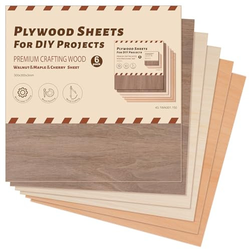 ROWOOD Lot de 6 plaques de contreplaqué noyer, érable, cerisier, 300 x 300 x 3 mm, matériaux gravés au laser, plaque de contreplaqué pour le modélisme, le bricolage, l'artisanat du bois, idéal pour la