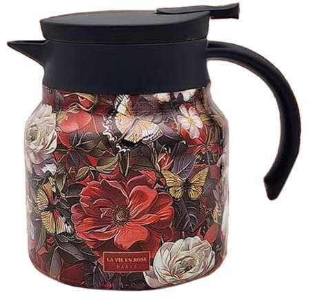 Teiera floreale, 800 ml, infusore per tè di grande capacità, teiera con infusore per tè con motivo floreale vintage, teiera portatile in acciaio inox con manico in plastica