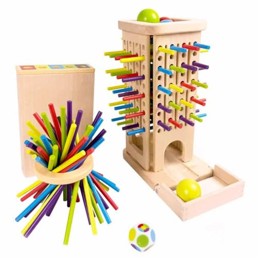 twivah 4-in-1 Board Game for Kids, Wooden Sorting & Stacking|Pick-up Sticks|Counting|Ball Drop Tower, Family Games for Kid and Adult, Montessori STEM Learning Toy for 3 4 5 6 7 8 Year Old Boy Girl