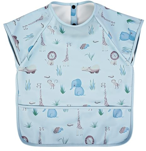 Vicloon Baby Bibs with Short Sleeves, Waterproof and Easy Wipe Clean Feeding Bibs, Soft and Skin-Friendly Material, Baby Weaning Bib for 6-12 Months (Zoo)
