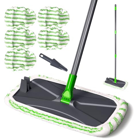 OZD Large Floor Mop, 360° Rotating Head Microfibre Flat Mop with 5 Reusable Pads, Ideal for Home and Office Use, Adjustable Long Handle for Laminate, Hardwood, Tile Floors Cleaning, Green