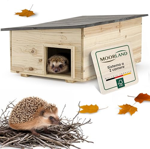 Moorland Igelhaus winterfestes Überwinterungs- & Schlafhaus aus FSC-Holz, 54×38 cm, mit Boden, belüftetem Labyrinth-Eingang & abnehmbarem Dach – wetterfestes Igelhotel für den Garten – IH5