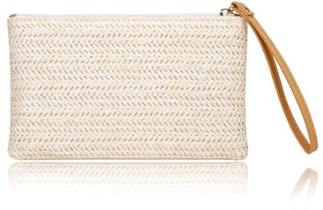 Bolso de Mano de Paja para Mujer, Bolso Paja Verano, Cartera de Paja, Bolsos de Mano Tejido, Bolsos de Embrague para Viaje Verano, Fiesta en La Playa (B-Blanco Roto)