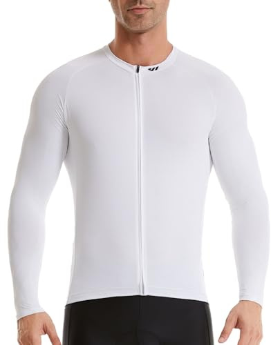 Wulibike Cykeltröja herr normal passform, Långärmad vit, M | Cykeltröja för nybörjare. Andningsbar racercykeltröja med genomgående dragkedja, 3 fickor, reflektorremsor