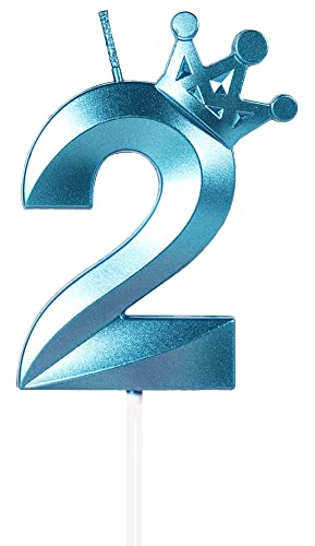 Yiran Velas 8 cm, 3D con corona, azul, para pasteles, decoraciones de fiesta (número 2)cumpleaños