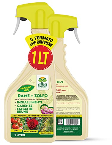 Albagarden - Rame + Zolfo Spray - MAXI x 1 Litro - Concime Potente per Piante Contro le Malattie - Per Ingiallimenti, Carenze, Macchie Brune, Oidio, Peronospora - Effetto Fungicida per Piante